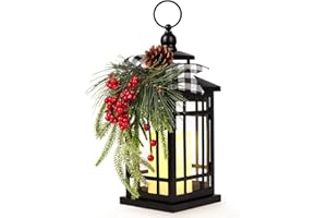 Metal Christmas Vintage Candle Lanterns with Led Light,Plaid Ribbon Decorative Hanging Lantern for Indoor Outdoor Decorations Party Gift, Christmas Porch Decor,WOKEISE
