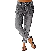 Flamingals Women's Stretchy Straight Leg Casual Mid Rise Jeans Wash Button Fly Stitch Detail 90s Trendy Denim Jeans