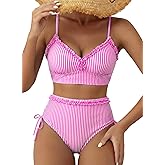 Herseas Women's Splice Ruffle Trim Bikini Sets Tie Side Swimsuits High Waisted Bathing Suits