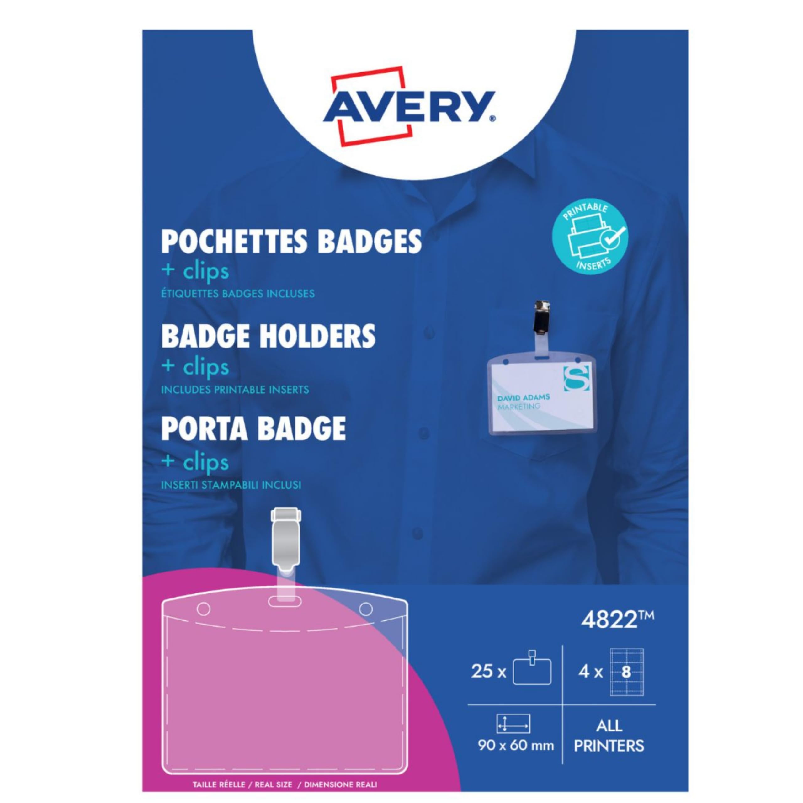Avery 4822 Clip Badge Holders with Printable and customisable Name Inserts (90 x 60 mm Badges) - White, Pack of 25
