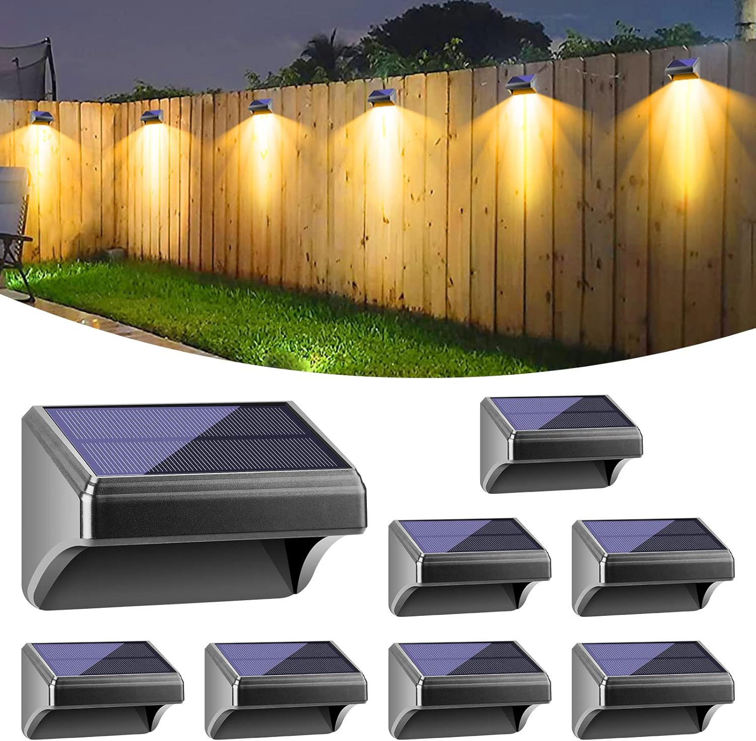 Lighting - Bridika Solar Fence Lights, Outdoor Waterproof Warm White & Color Glowt, LED, for Backyard, Patio, Deck Railing, Stair Handrail, Pool and Wall (8 Packs)