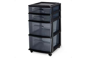 HOMZ Drawer Tower, 4-Tier Clear Plastic Storage Organizer Cart, Black Frame - Rolling Drawer Containers with Wheels for Bathroom, Bedroom, Office, and Classroom Organization