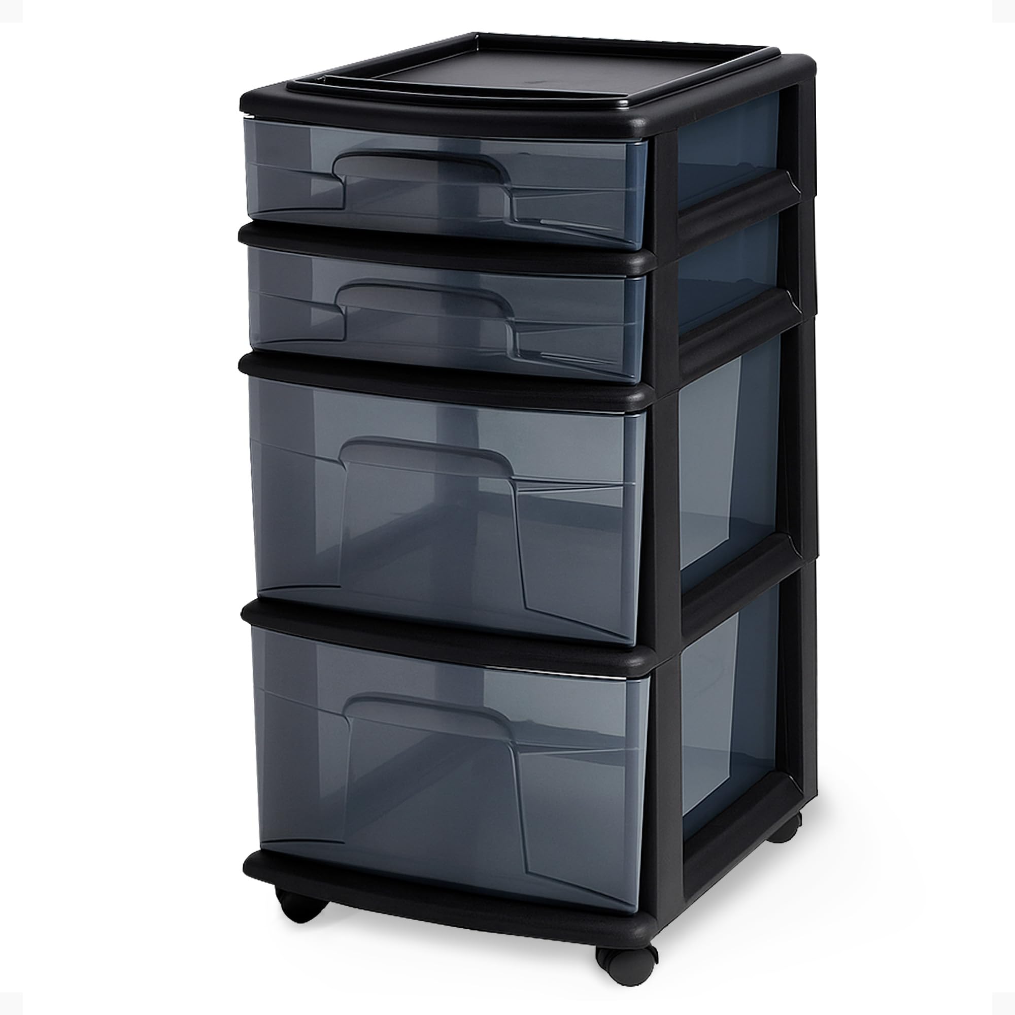 Photo 1 of HOMZ Drawer Tower, 4-Tier Clear Plastic Storage Organizer Cart, Black Frame - Rolling Drawer Containers with Wheels for Bathroom, Bedroom, Office, and Classroom Organization