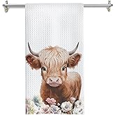 GOOZHO Floral Highland Cow Kitchen Towels, Cow Lovers Gifts for Women Dish Tea Towels for Kitchen Decor, Farmhouse Flower Highland Cattle Decorative Hand Towel, 16x24 Inches