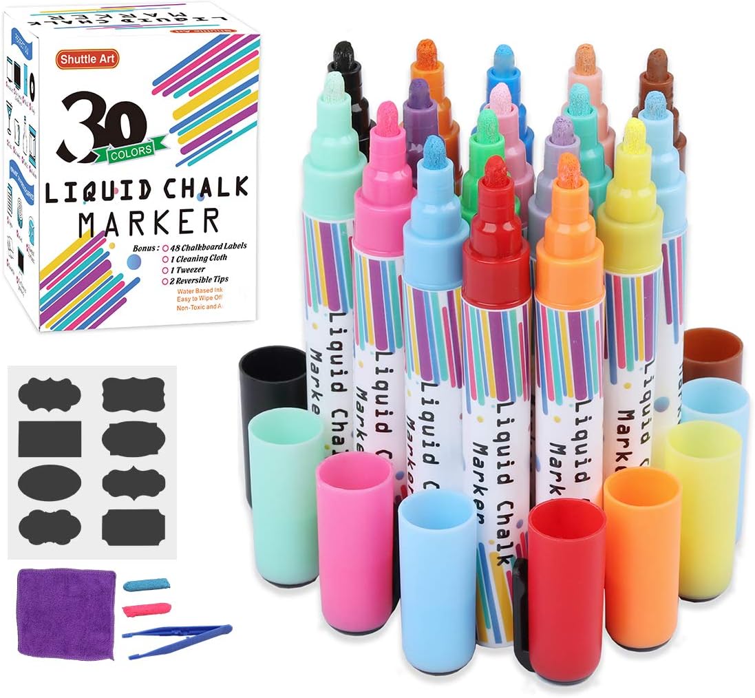 Liquid Chalk Markers,30 Colors Shuttle Art Erasable Chalk Pens with 48