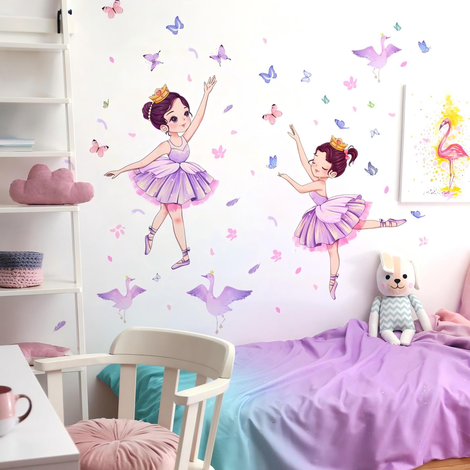 Butterfly Girl Wall Stickers,Swans Flower Princess Wall Decal,Pink Floral Wall Mural Colorful Butterflies Wall Decor, DIY Removable Vinyl Wall Art for Girls Baby Nursery Bedroom Playroom