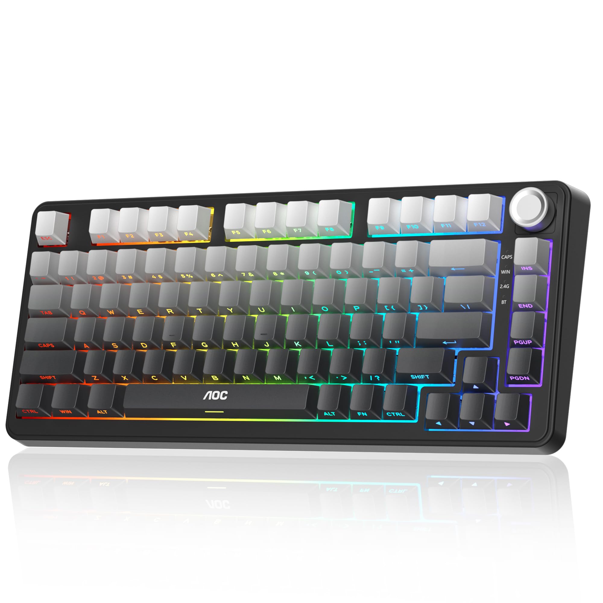 AOC GK330 Gaming Keyboard, Hot Swappable Wireless Mechanical Keyboard Support BT/2.4GHz/USB-C, RGB Backlit, Anti-ghosting, 75% Gasket Custom Keyboard with Five-Layer Padding & Knob for PC Gamer-White