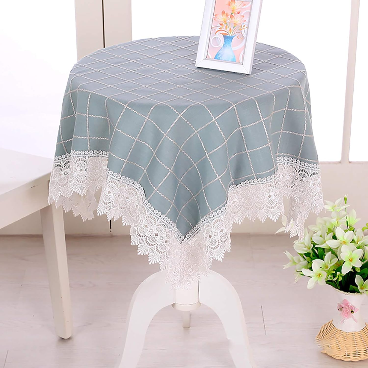 Xnxn Gingham Plaid Table Cover,Macrame Lace Tablecloth Washable Cotton