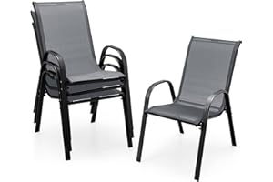 Giantex Set of 4 Patio Chairs, Outdoor Stackable Dining Chairs w/Armrests, 330 LBS Capacity, All Weather Fabric, Heavy Duty Rustproof Steel Frame, Lawn Chairs for Porch, Yard, Pool, Garden (Gray)