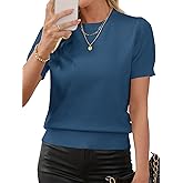 Libsorge Womens Short Sleeve Sweater Fall 2025 Business Casual Outfits Crewneck Lightweight Thin Sheer Knit T-Shirt Top