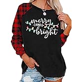 Christmas Tshirt Women Merry and Bright Shirt Letters Print Splicing 3/4 Sleeve Baseball Tshirt Blouse Tee Tops