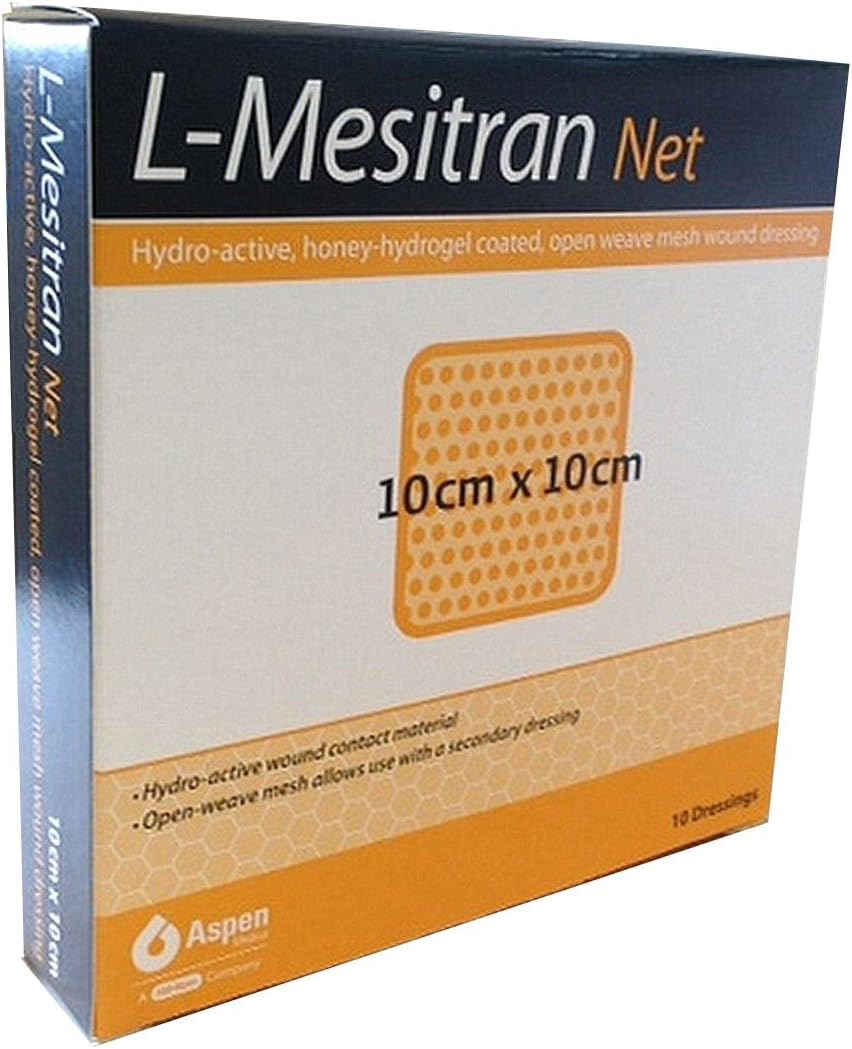L-Mesitran Net Hydro-Active Honey-Hydrogel Coated Wound Dressing 10cm x 10cm - Pack of 10