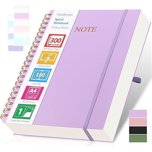 Spiral Notebook, 8.5” x 11” Notebooks for Work, 300 Numbered Pages College Ruled Notebook, Large Notebook for School with 24 Tabs, A4 Notebook Journal for Women Men, Thick Paper, Back Pocket, Purple