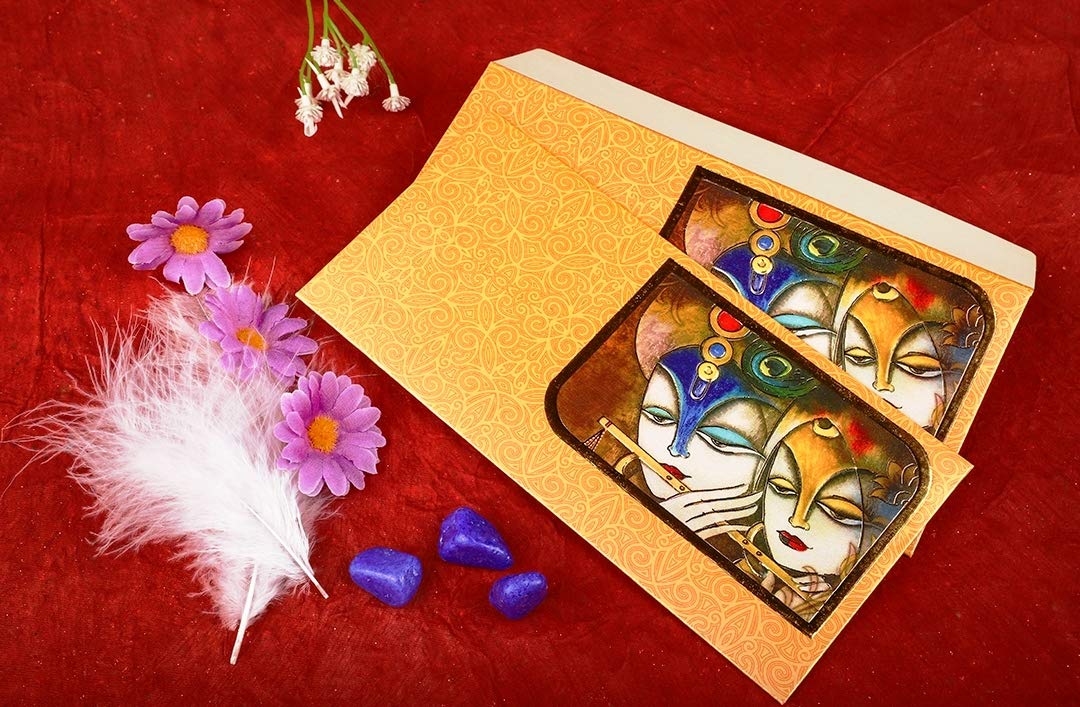 Itiha® Radha Krishna envelopes for gifting, envelopes for wedding, card money holder fancy packet for wedding Christmas and other festive occasions set of 5