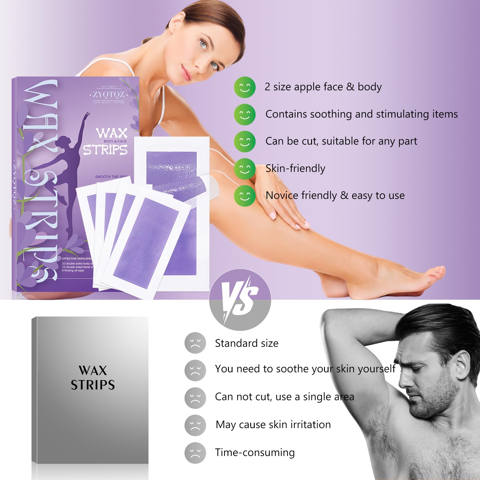 Wax Strips for Hair Removal - 60 Count (40 Body + 20 Face Strips) with 10 Soothing Oil Wipes, At-Home Waxing Kit for Women & Men - Legs, Bikini, Underarms, Face, Travel-Friendly & No Heat Needed