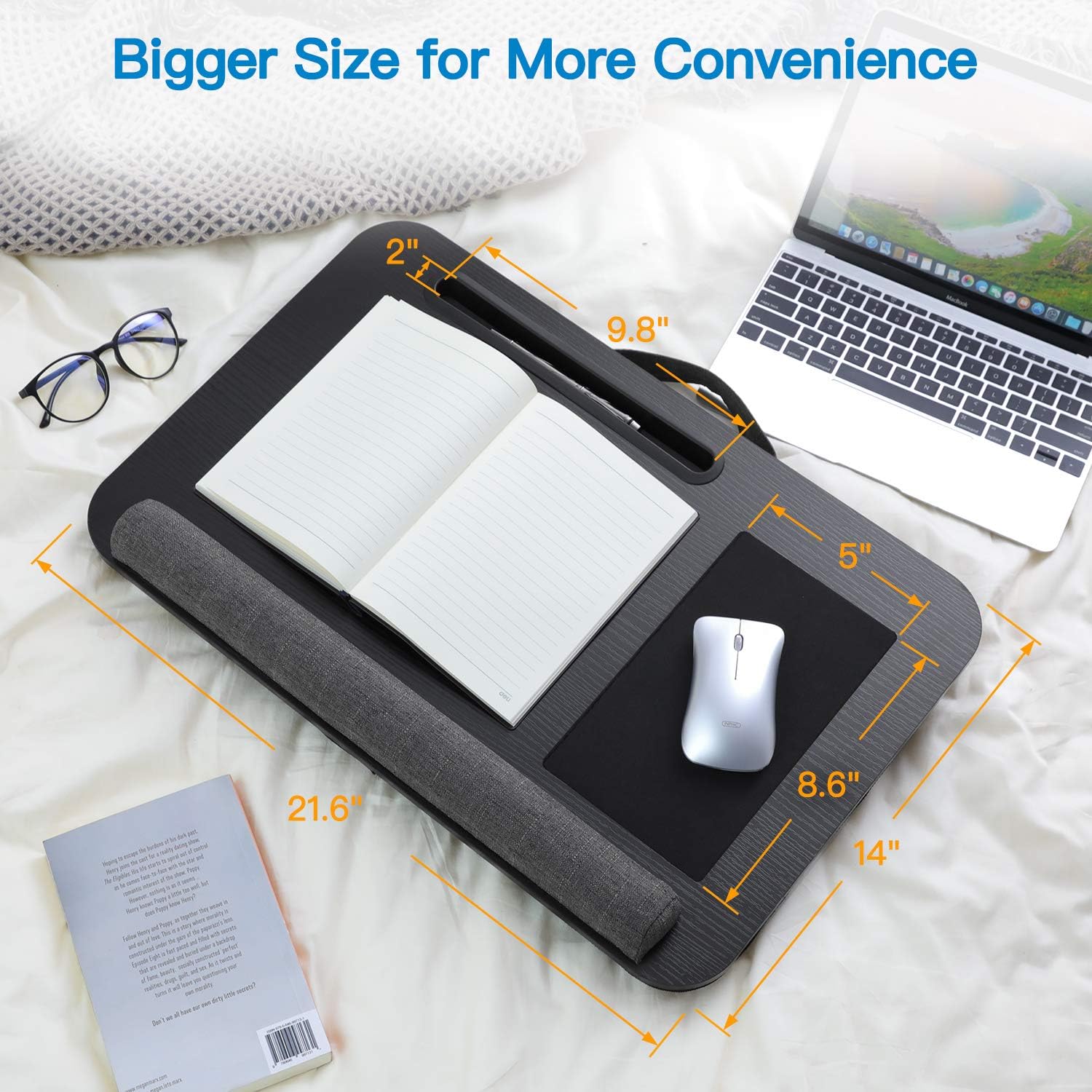 AMERIERGO Lap Desk - Fits Up to 17 Inch Laptop Lap Desk with Dual Cushion, Wrist Rest & Built-in Mouse Pad, Portable Laptop Stand for Sofa & Bed, Multifunctional Slot for Tablet, Pen & Phone : Office Products