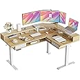 FEZIBO L Shaped Standing Desk with LED Strip & 2 Drawers, Triple Motors Supports Over 300lbs, Upper and Lower Storage Shelves Available, Electric Height Adjustable, for Home Office, Natural