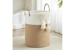 Woven Rope Laundry Basket by TECHMILLY, 58L Baby Nursery Hamper for Clothes Blanket Storage, Large Tall Laundry Hamper for College Dorm, Bedroom, Living Room, Brown & White