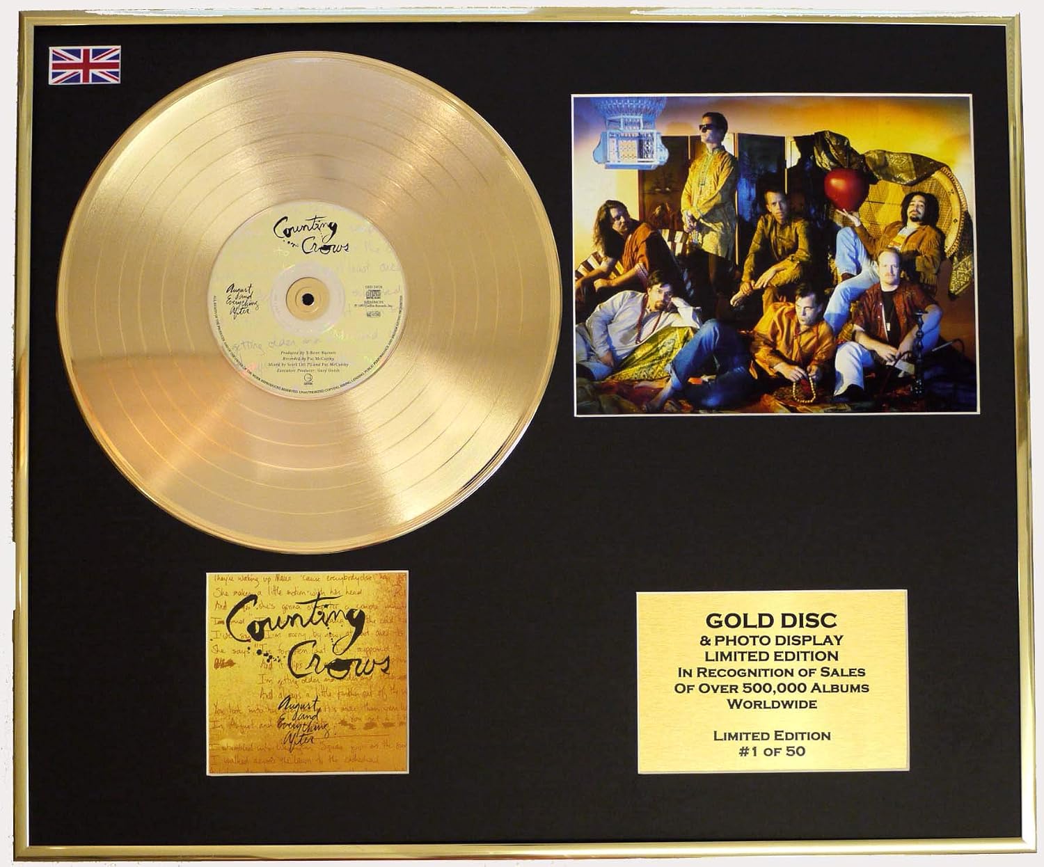 COUNTING CROWS/CD GOLD DISC/RECORD & PHOTO DISPLAY/LTD. EDITION/COA/AUGUST & EVERYTHING AFTER, 25.4L x 20.3W cm