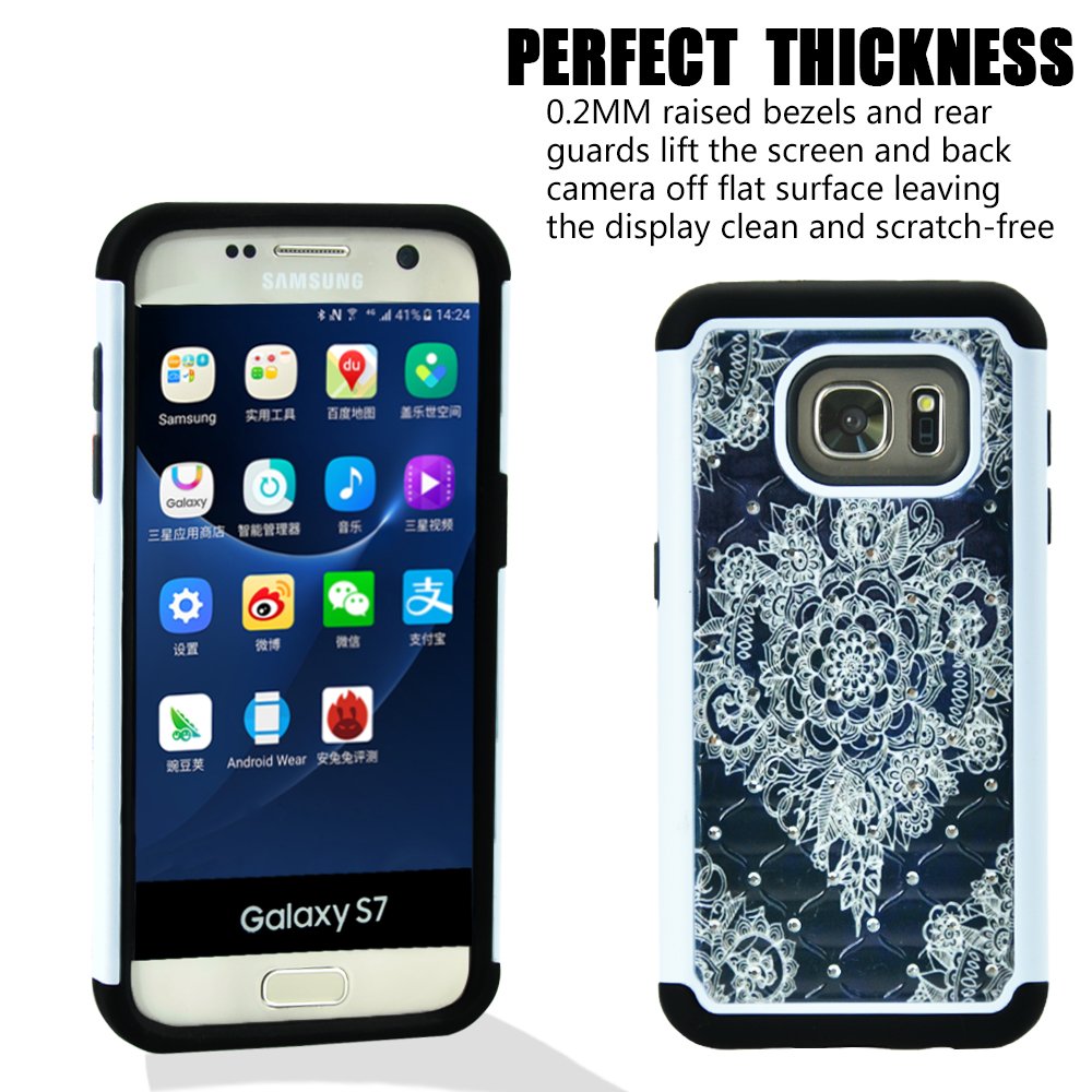 Galaxy S7 Case, MagicSky [Shock Absorption] Studded Rhinestone Bling Hybrid Dual Layer Armor Defender Protective Case Cover for Samsung Galaxy S7 (Flower)