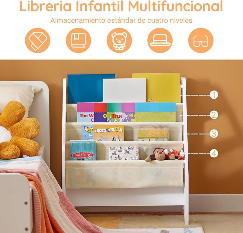Librería Infantil 4 Bolsillos Tela Soporta hasta 25kg 62x30x71cm