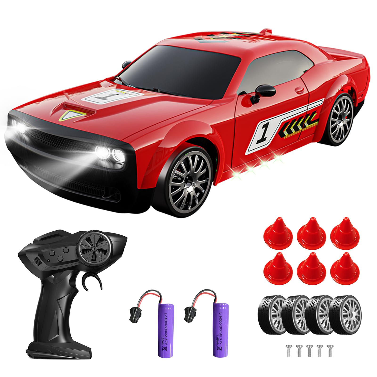 DUKUSEEK 1:20 Scale RC Drift Car, 4WD Mini RC Drifting Car with Two Rechargeable Batteries, 2.4Ghz Remote Control and LED Lights for Kids Toys Gifts (Red)