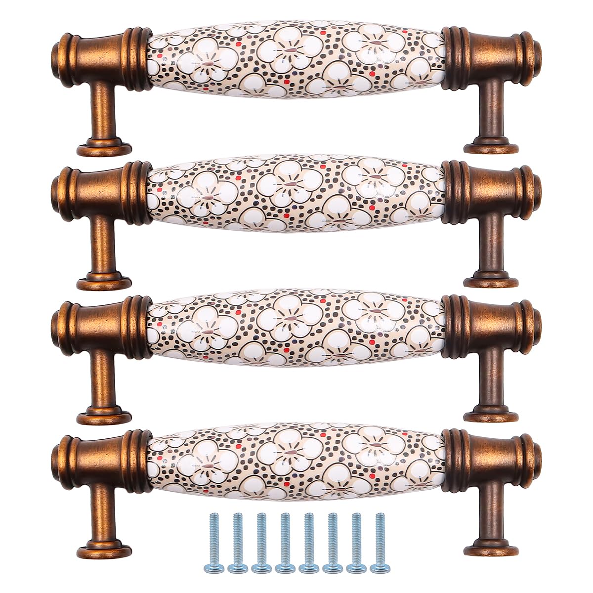 ZONADAH Set of 4 Traditional Drawer Cabinet Ceramics Handle, Hole Distance 96mm, Furniture Door Pull Handles, Antique Handle, Drawer, Door, Cupboards, Bathroom, Kitchen, Flower Pattern