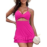 ZAFUL Women Cutout Two Piece Skirt Swimsuits V Neck Twist Modest Ruffle Swimdress Tummy Control Bathing Suit with Shorts