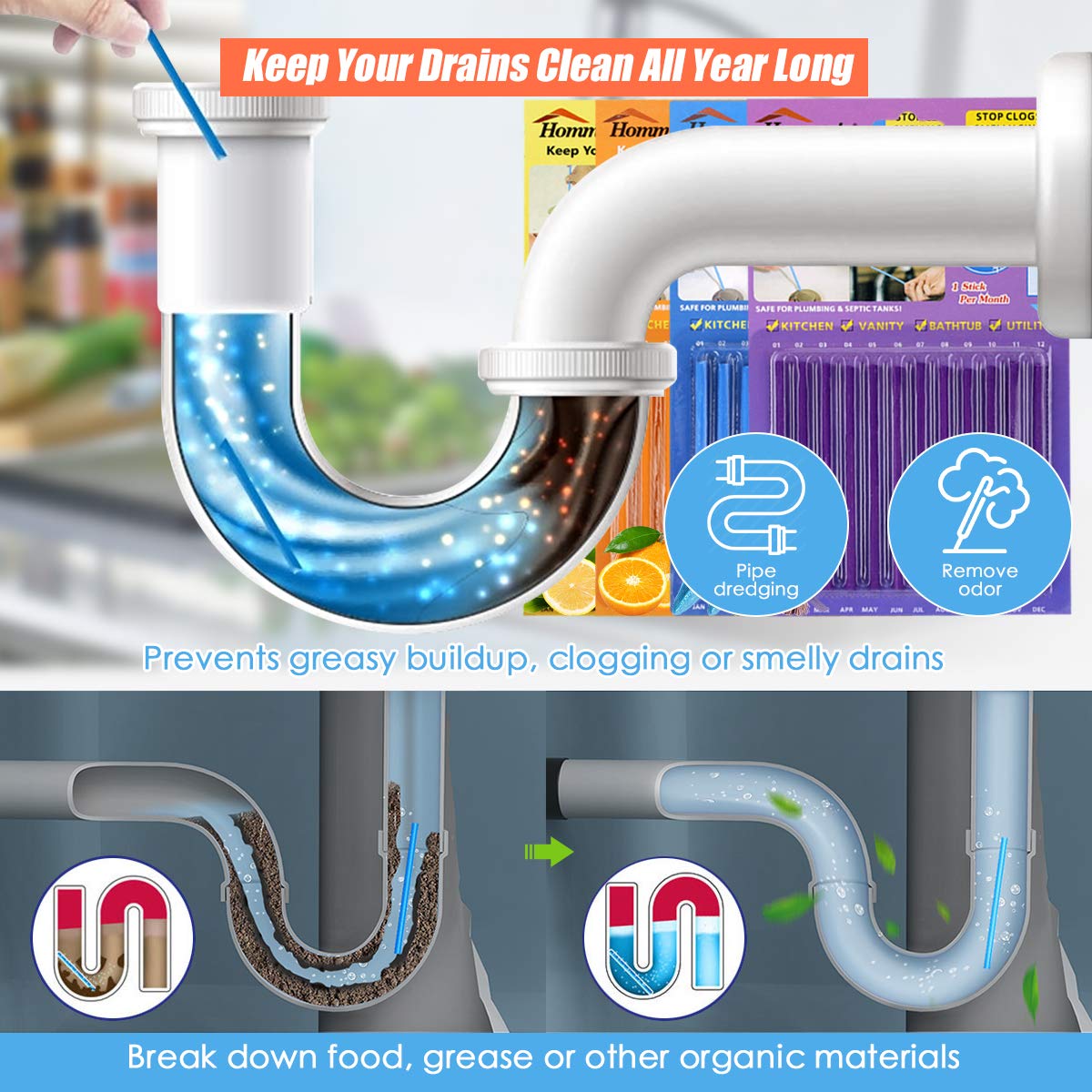 Drain Sticks Drain Stix Drain Cleaner & Deodorizer Sticks Drainstix for Clogs Kitchen Bathroom Sinks Unclog Eliminate Odor Septic Tank Safe As Seen On TV Non-Toxic 48pcs 4 Color