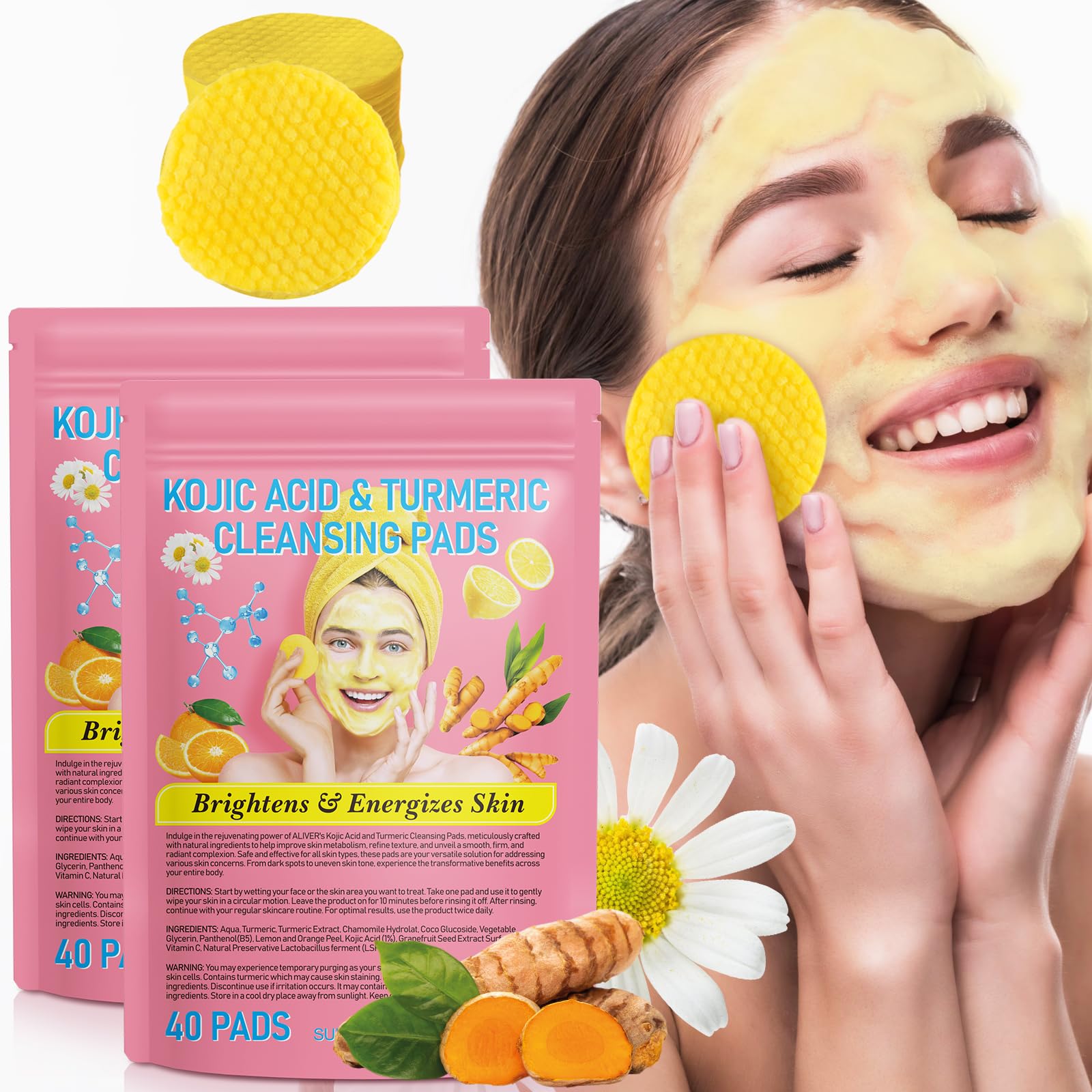 Turmeric Kojic Acid Cleaning Pads, 80Pcs Turmeric Exfoliating Pads, Deep Clean Pores, Remove Excess Keratin, Helps Balance Skin Oil And Water, Unclog Pores, Improved Acne Scars Dark Spots