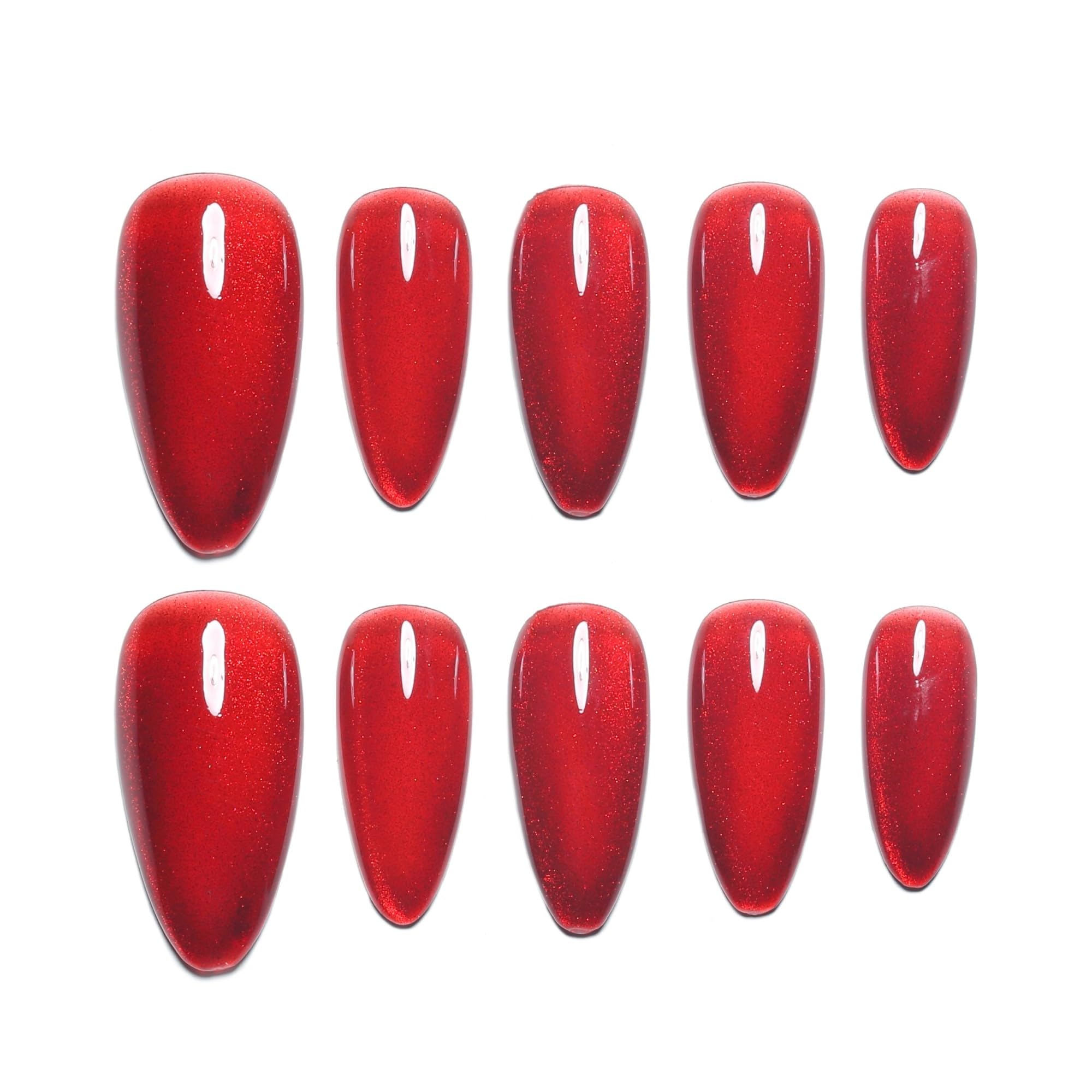 Sun&Beam Nails Handmade Press-on Medium Long Amlond Red Ruby Magnet False Nail Tips Design Fashionable 10 Pcs Set (#162 S) — image 1