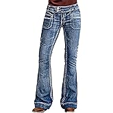 Flamingals Flare Leg Low Rise Wash Dual Button with Patch Pocket Elastic Vintage Jeans for Women