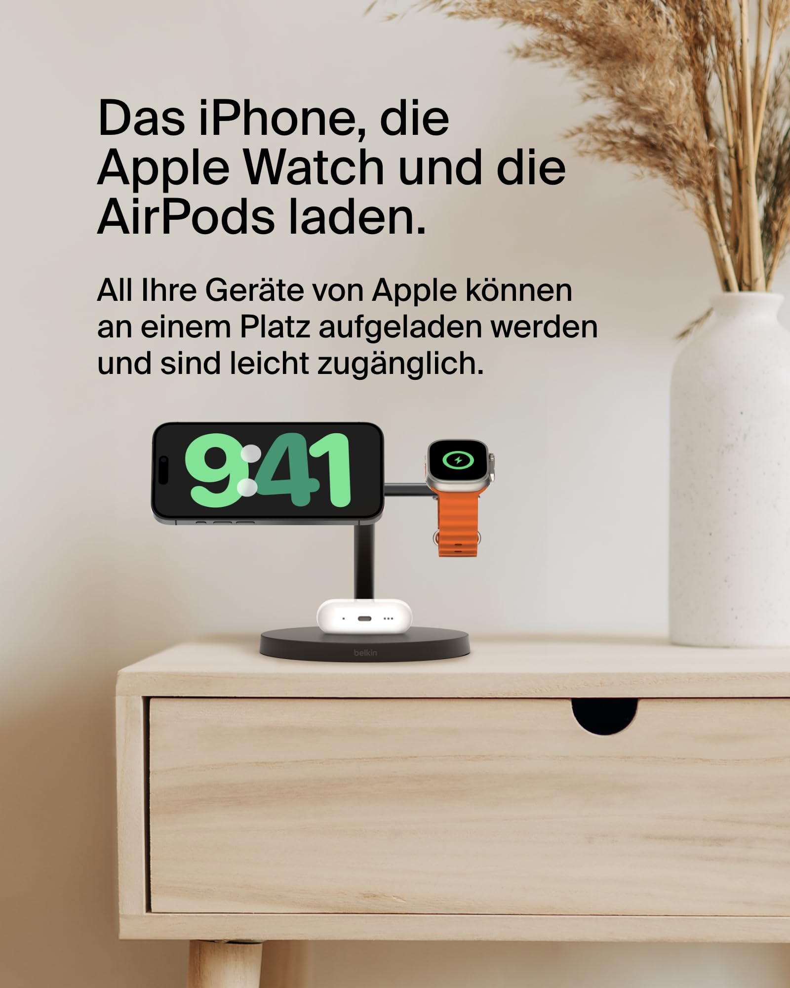 Belkin BoostCharge Pro 3-in-1 Qi2 Kabelloses Ladegerät, MagSafe-Kompatibles Ladegerät, Induktive Ladestation für die Apple iPhone 17, Air, 16, Pixelsnap, Apple Watch, AirPods, inkl. Netzteil – Schwarz 2