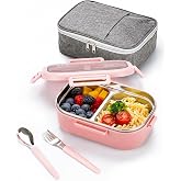Lille Home 28oz Stainless Steel Leakproof 2-Compartment Bento Lunch Box | Portion Control Metal Lunch Box Food Container with Lunch Bag and Cutlery Set, BPA Free (Pink)