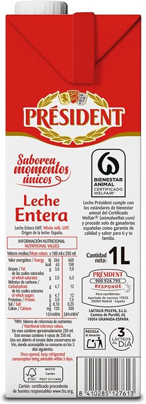- Leche Président Entera, Leche Natural de Galicia, Fuente de Calcio y Proteínas,Sin Gluten, Bienestar Animal, Pack 6 x 1 L