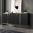 FAMAPY Modern Credenza Sideboard Buffet with Drawer & Pop-Up Doors, Buffet Sideboard Storage Cabinet with Black Metal Legs, for Living Room Hallway Black and Gold (63”W x 15.7”D x 31.5”H)