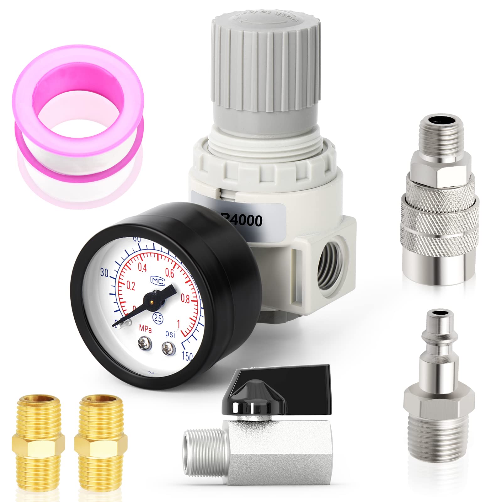 Photo 1 of MEANLIN MEASURE 1/2 Inch NPT Air Compressor Regulator with Gauge, 0-150 PSI BR4000 Air Gauge Regulator Inline for Compressor and Pneumatic Tools
