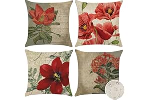 OTOSTAR 4 Pack Outdoor Waterproof Throw Pillow Covers 18x18 Inch Linen Garden Cushion Covers Vintage Red Flower Decorative Pillowcases for Sofa Tent Balcony Patio