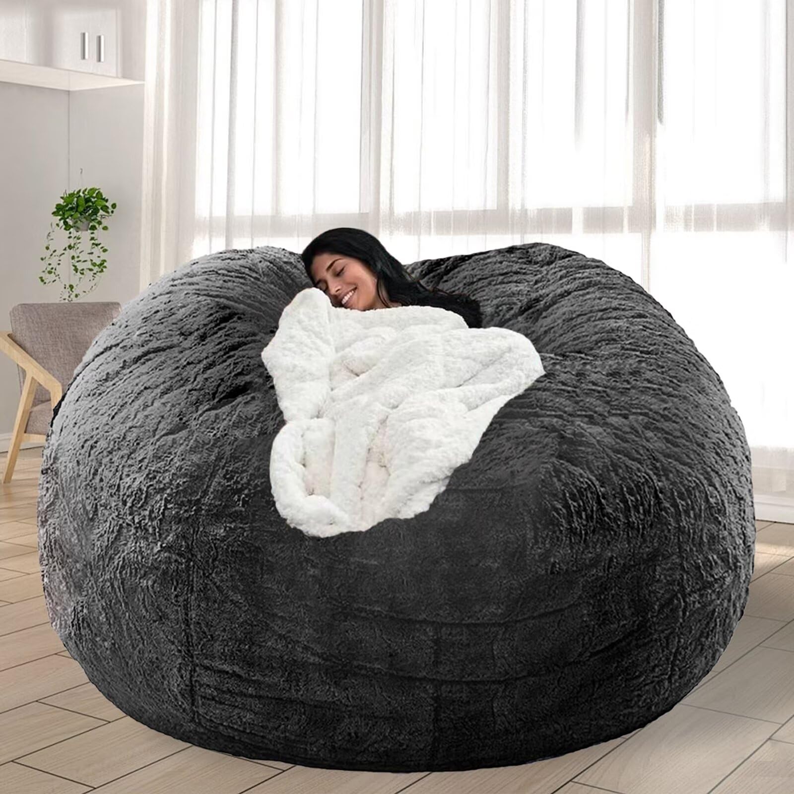 Photo 1 of FIEATES Bean Bag Chair for Adults Kids No Filler Soft Round Giant Beanbag Chair Lazy Sofa Reading Chair Cover, 3.5FT, Dark Grey