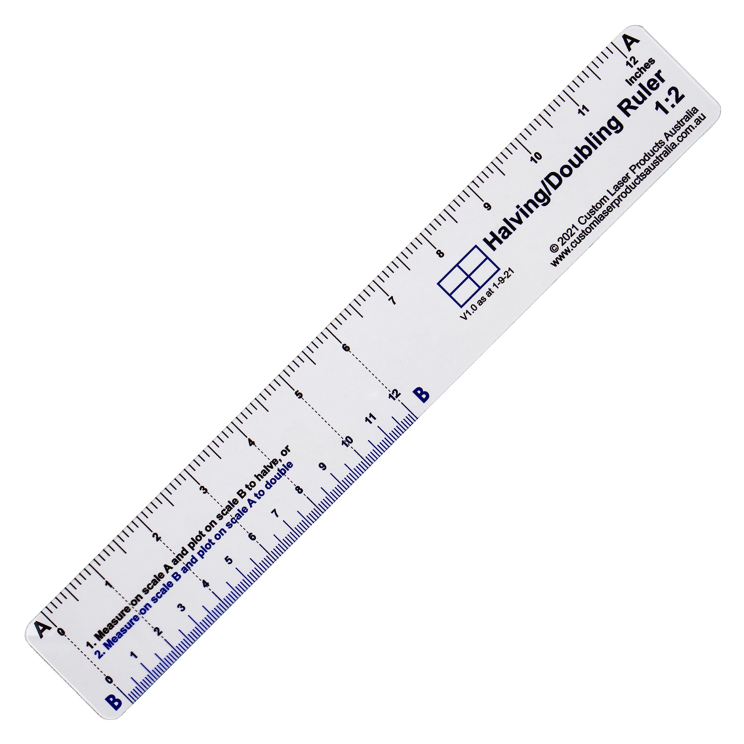 CLPA 12" No-Math Halving and Doubling Ruler — Flexible Clear PETG | Center Finding Without Arithmetic | Drawing, Drafting and Woodworking | Made in Australia