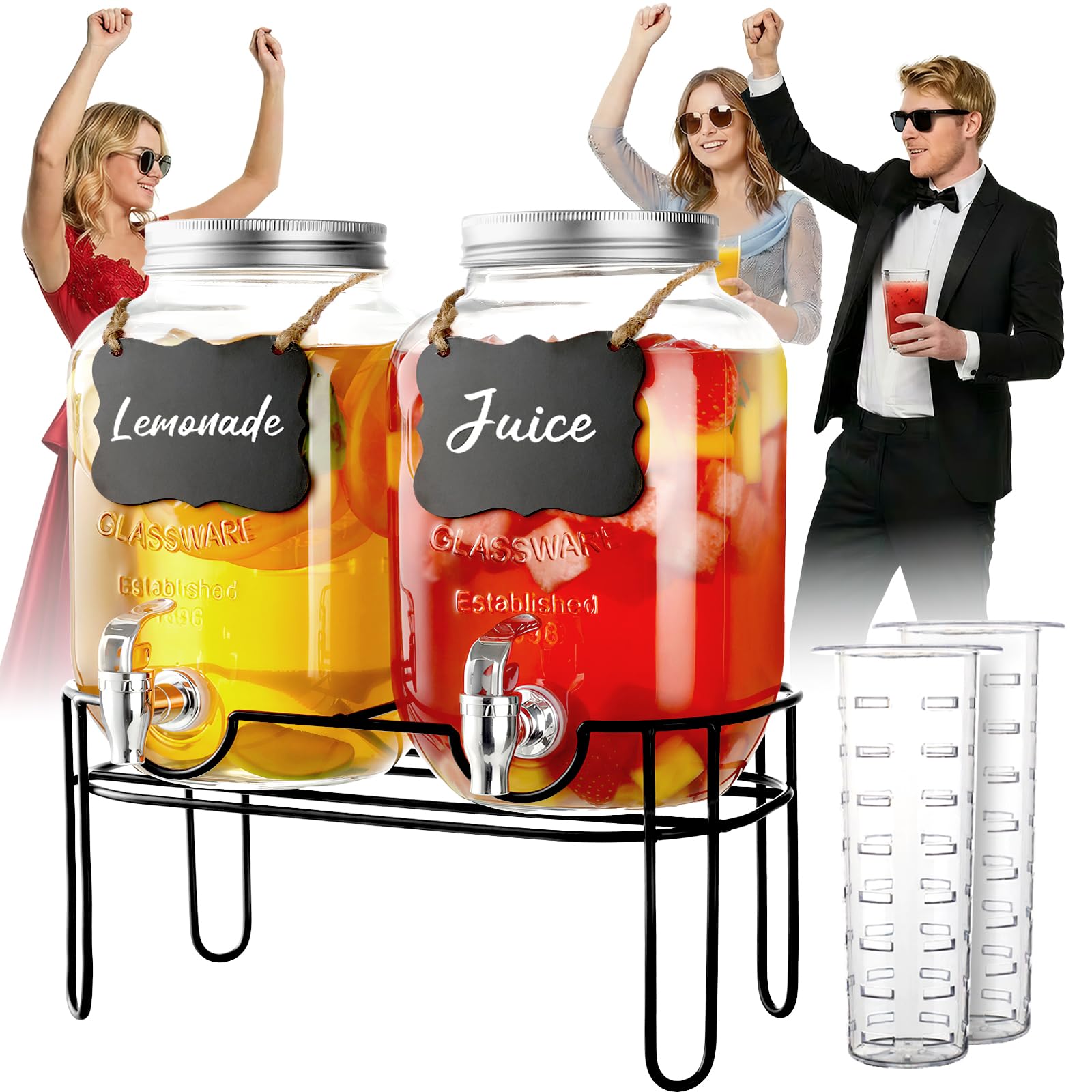 Photo 1 of 1 Gallon Glass Drink Dispensers For Parties, 2 Pack Beverage Dispenser?Lemonade Dispenser With Fruit Infuser And Stand For BBQ, Picnic, Party,Sun Tea