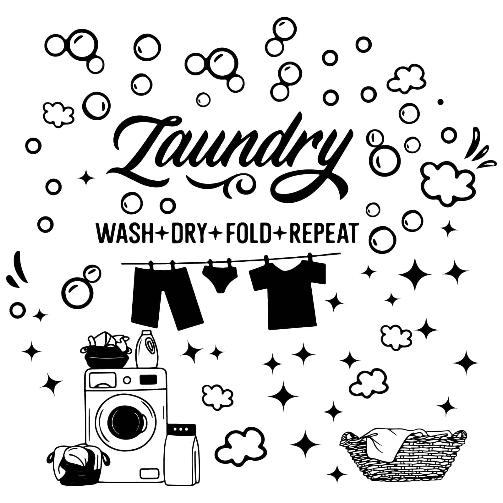 CREATCABIN Laundry Wall Decor Stickers Laundry Room Decals Decor Wall Art Quote Wash Dry Fold Repeat Stickers Black Signs Vinyl for Apartment Washing Machine Decoration 22.8x15.8Inch