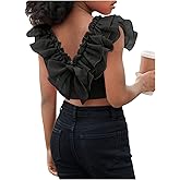 WDIRARA Girl's Ruffle Trim Bow Back Tiered Layer Square Neck Wide Strap Slim Fit Crop Cami Top