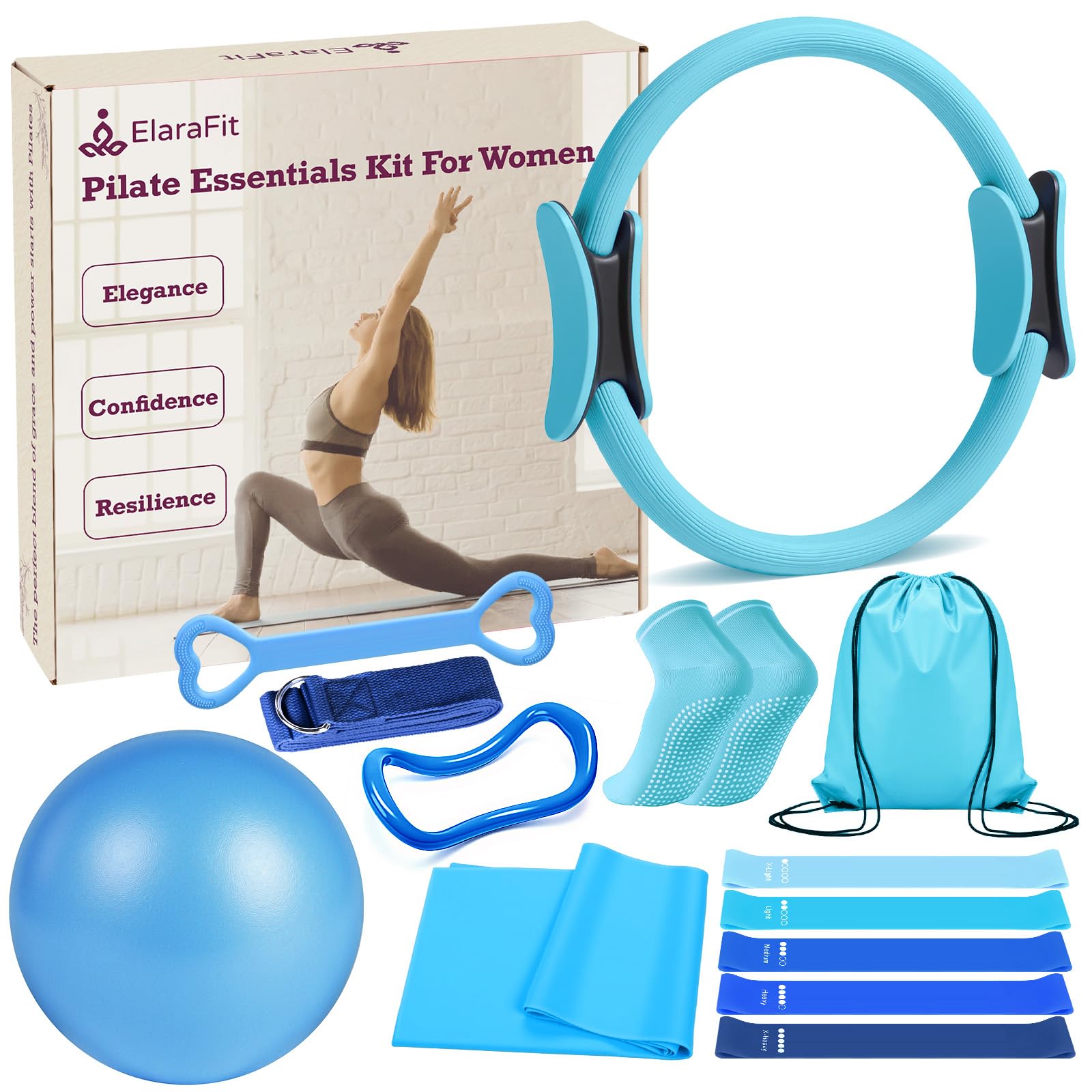 Photo 1 of ElaraFit Home Pilates Kit for Women Blue Pilates Equipment Ring and Ball Set Magic Circle Hoop with 5 Resistance Bands Compact Toning Fitness Essentials Starter Set Accessories