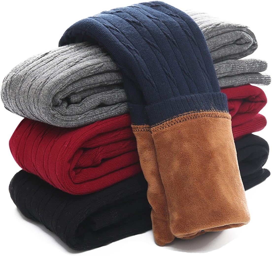 Kids Girls Winter Warm Velvet Leggings Stretch Cotton Cable Knit Fleece Lined Pants Tights