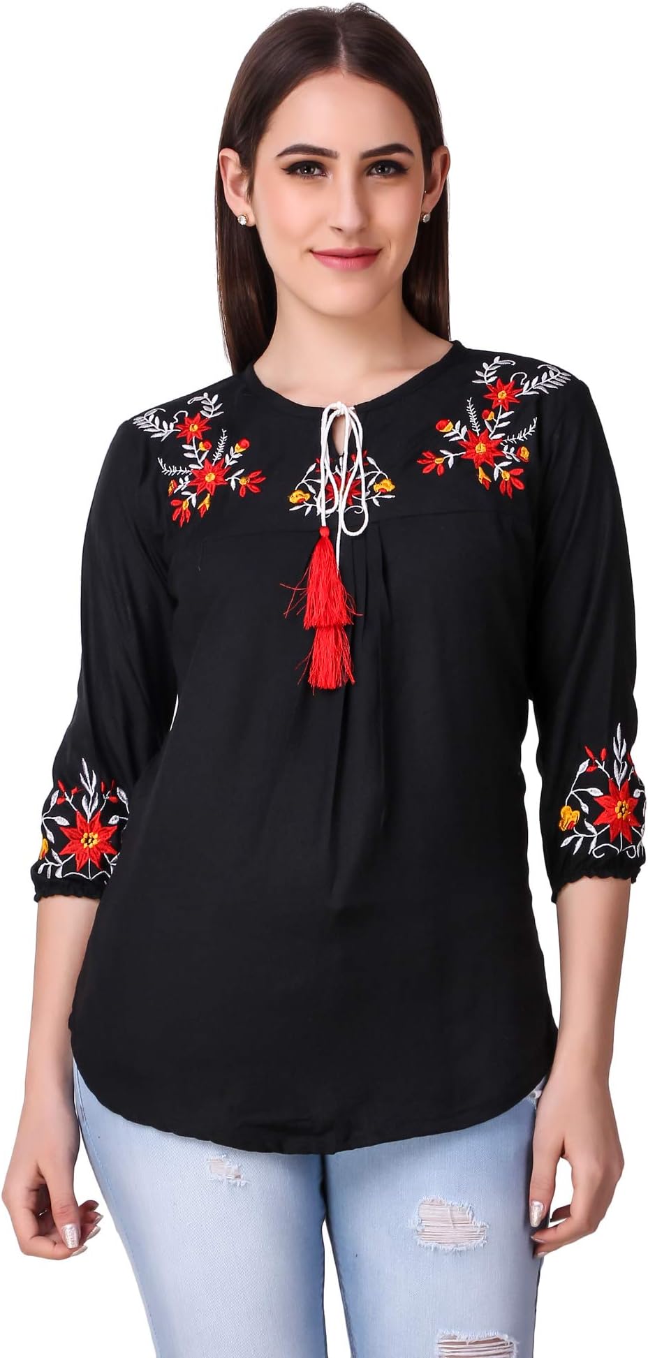 Elyraa Women's Embroidered Western Cotton Top (White top with 3/4 Sleeves)