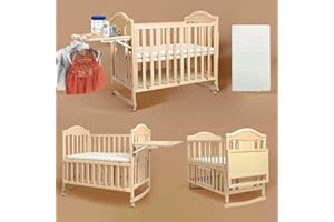 Flwrgirl Mini Baby Cribs 4-in-1 Convertible - Cunas para Bebes with Changing Shelf and Mattress Included,2025 Wood Baby Bassinets Bedside Crib Sleeper,Unpainted