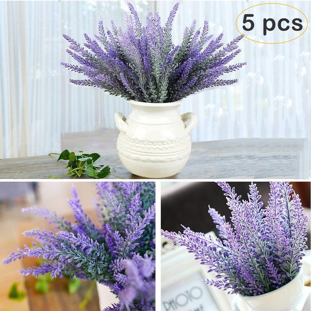 Artificial Lavender Flowers Bouquet 5 Pcs Fake Flocked Plant Purple Fake Flower Decor Brighten Home Party Wedding Centerpieces Arrangements- by Yblntek