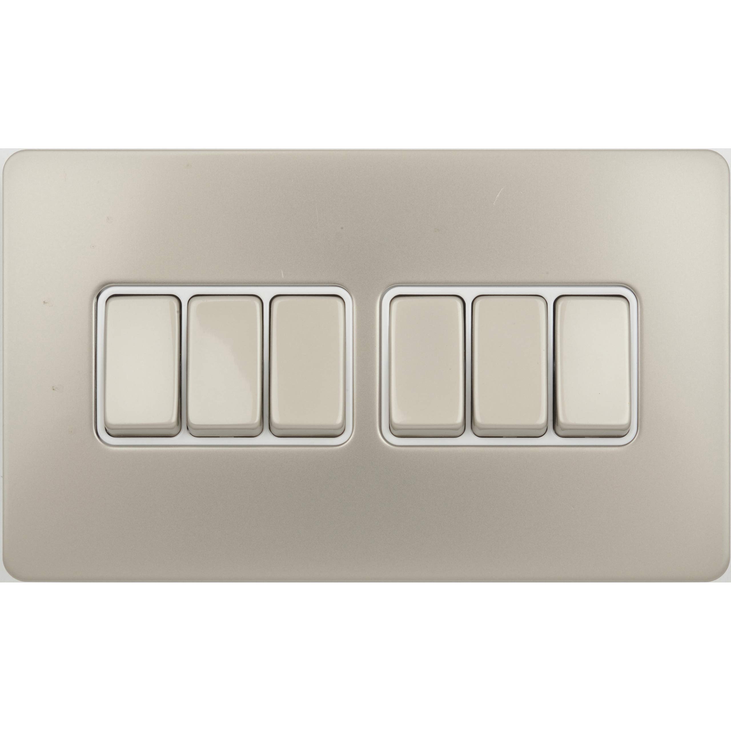 Schneider Electric Ultimate Screwless Flat Plate - 6 Gang Rocker 2 Way Light Switch, Single Pole, 16AX, GU1462WPN, Pearl Nickel with White Insert — image 1