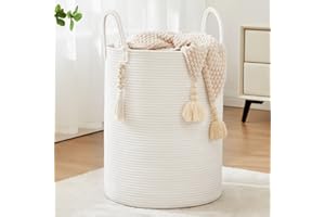 Fiona's magic Woven Rope Laundry Hamper, Tall Laundry Basket for Blanket Storage, Large Dirty Clothes Hamper for Toys, Decorative Baby Nursery Hamper for Bedroom, Living Room - White, 72L